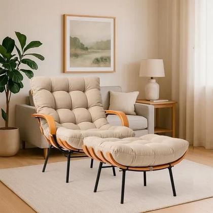 Imagem de Poltrona Costela Com Braço E Puff Linho Bege