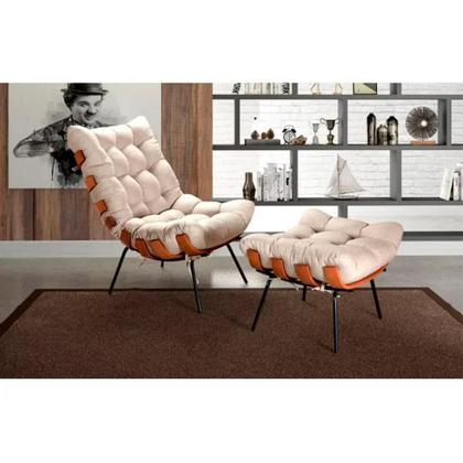 Imagem de Poltrona Costela de Adão com Puff Tecido Linho Off