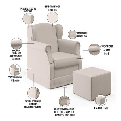 Imagem de Poltrona de Amamentação com Balanço e Puff Elisa P02 Linho Cru - Lyam Decor