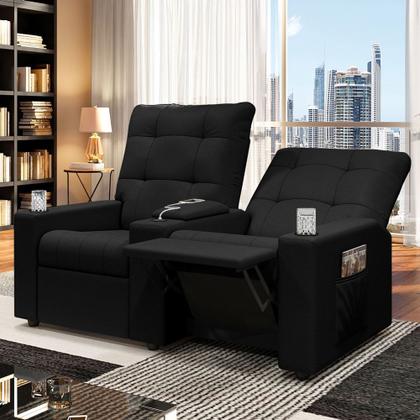 Imagem de Poltrona de Cinema Reclinável 2 Lugares Baú USB Mallie FH9 Veludo Preto - Mpozenato