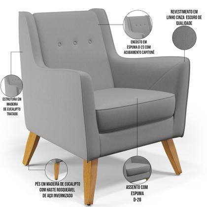 Imagem de Poltrona Decorativa com Pés de Madeira Taroba D02 Linho Cinza C-416 - Lyam Decor