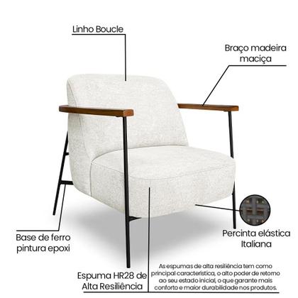 Imagem de Poltrona Decorativa Eros Linho Bouclê com Base de Ferro Preto - SSX Multicoisas