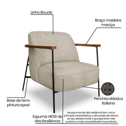 Imagem de Poltrona Decorativa Eros Linho Bouclê com Base de Ferro Preto - SSX Multicoisas