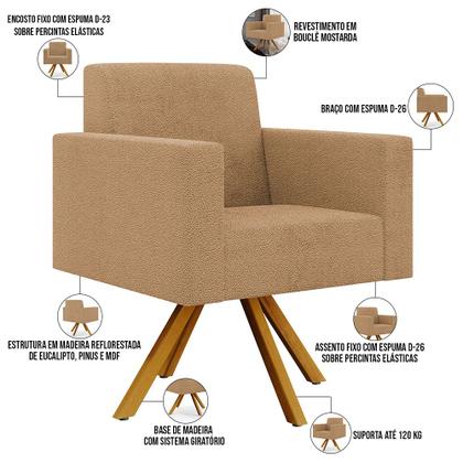 Imagem de Poltrona Decorativa Giratória Base de Madeira Helô L02 Bouclê Mostarda - Lyam Decor