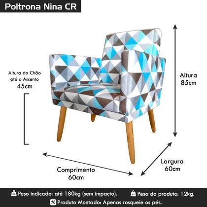 Imagem de Poltrona Decorativa Nina Triangulo Azul Pés Madeira Castanho Rodapé