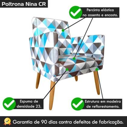 Imagem de Poltrona Decorativa Nina Triangulo Azul Pés Madeira Castanho Rodapé