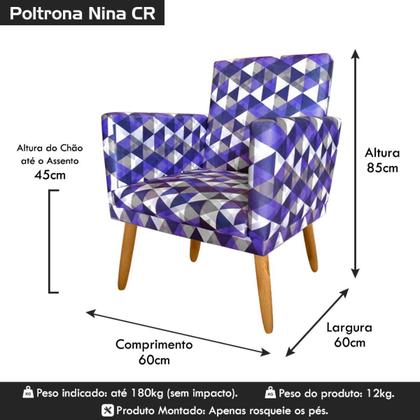 Imagem de Poltrona Decorativa Nina Triangulo Roxo Pés Madeira Castanho Rodapé - 2M Decor