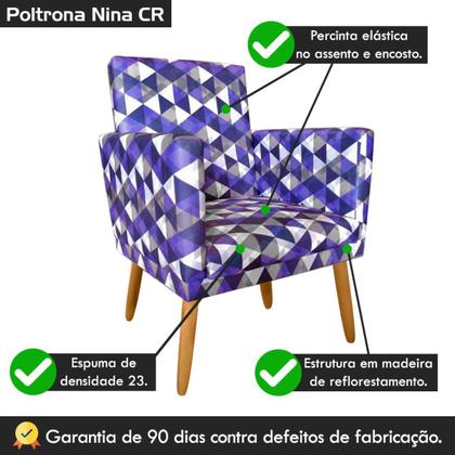 Imagem de Poltrona Decorativa Nina Triangulo Roxo Pés Madeira Castanho Rodapé - 2M Decor