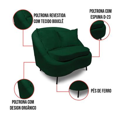 Imagem de Poltrona Decorativa Orgânica Pé Ferro Preto Kit 2 Zaya Bouclê Verde C05 - D'Rossi