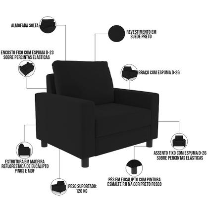 Imagem de Poltrona Decorativa Para Sala De Estar E Recepção Malta L02 Suede Preto - Lyam Decor