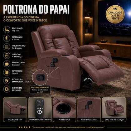Imagem de Poltrona do Papai Reclinável Austin Massagem e Aquecimento Giratório Balanço 2 Porta Copos PU Marrom Chocolate G31 - Gran Belo