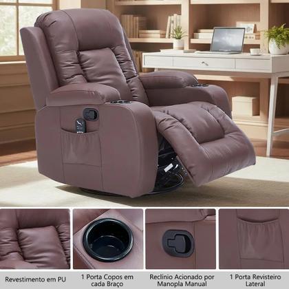 Imagem de Poltrona do Papai Reclinável Austin Massagem e Aquecimento Giratório Balanço 2 Porta Copos PU Marrom Chocolate G31 - Gran Belo