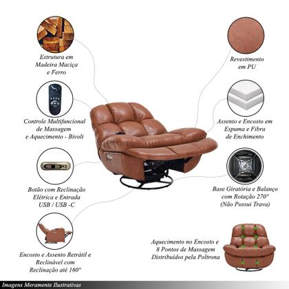 Imagem de Poltrona do Papai Reclinável Elétrica Boston com Massagem Aquecimento Base Giratória Entrada USB/USB-C PU Caramelo G94 - Gran Belo