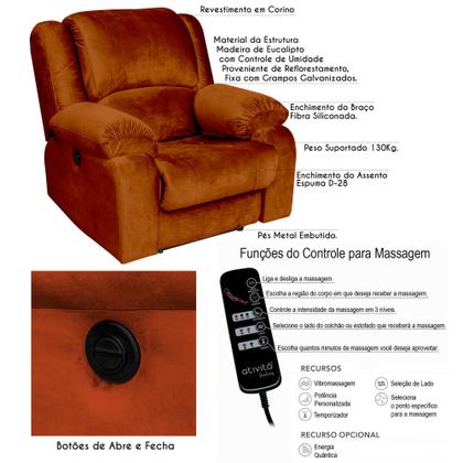 Imagem de Poltrona do Papai Reclinável Elétrica com Massagem Magnum Veludo Telha G23 - Gran Belo