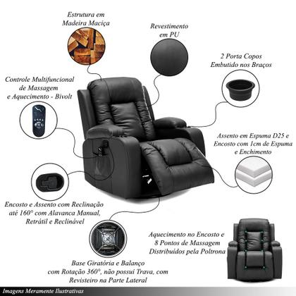 Poltrona do Papai Sala de Estar Giratória Reclinável Manual Austin Aquecimento Massagem PU Preta G94 - Gran Belo Imagem de Poltrona do Papai Sala de Estar Giratória Reclinável Manual Austin Aquecimento Massagem PU Preta G94 - Gran Belo