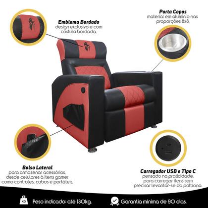 Imagem de Poltrona Gamer Streamer Sparta com Carregador USB material sintético Preto/Vermelho SOFA STORE