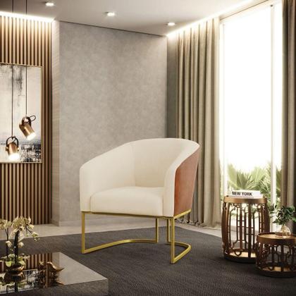 Imagem de Poltrona Nozes Com Linho Bege A19 Base Industrial Dourada