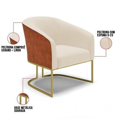 Imagem de Poltrona Nozes Com Linho Bege A19 Base Industrial Dourada