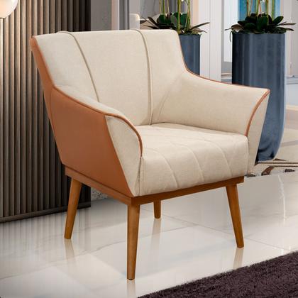 Imagem de Poltrona Sala Liz Linho Bege e material sintético Caramelo Base Madeira Castanho