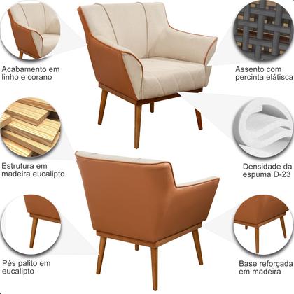 Imagem de Poltrona Sala Liz Linho Bege e material sintético Caramelo Base Madeira Castanho