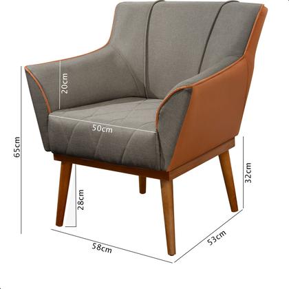 Imagem de Poltrona Sala Liz Linho Cinza e material sintético Caramelo Base Madeira Castanho