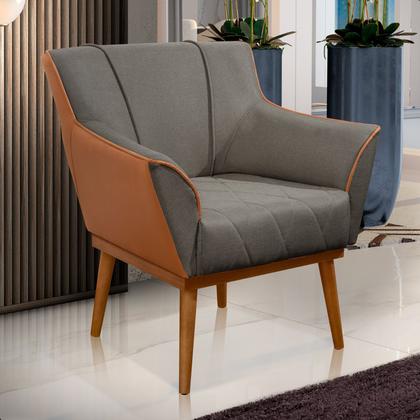 Imagem de Poltrona Sala Liz Linho Cinza e material sintético Caramelo Base Madeira Castanho