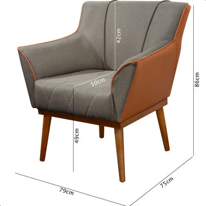 Imagem de Poltrona Sala Liz Linho Cinza e material sintético Caramelo Base Madeira Castanho