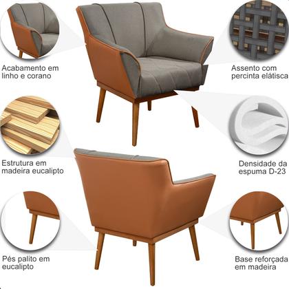 Imagem de Poltrona Sala Liz Linho Cinza e material sintético Caramelo Base Madeira Castanho