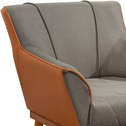 Imagem de Poltrona Sala Liz Linho Cinza e material sintético Caramelo Base Madeira Castanho