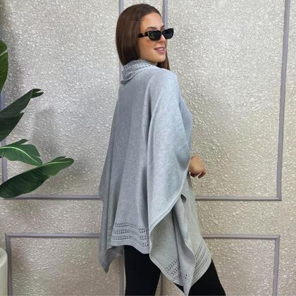 Imagem de Poncho Feminino Tricot Mousse Liso Gola Alta Casaco Inverno