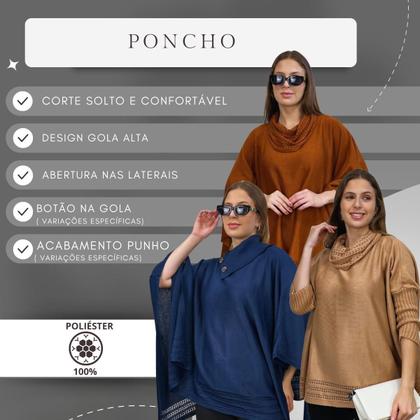 Imagem de Poncho Feminino Tricot Mousse Liso Gola Alta Casaco Inverno