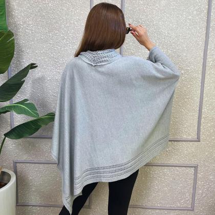Imagem de Poncho Feminino Tricot Mousse Liso Gola Alta Casaco Inverno