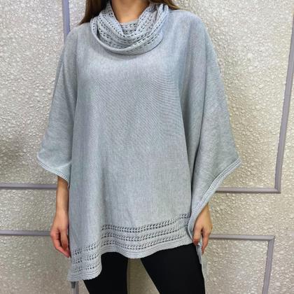 Imagem de Poncho Feminino Tricot Mousse Liso Gola Alta Casaco Inverno