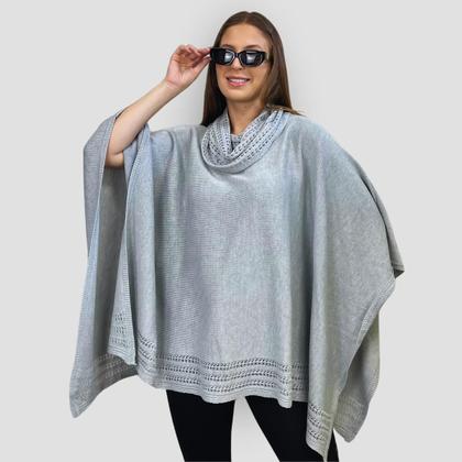 Imagem de Poncho Feminino Tricot Mousse Liso Gola Alta Casaco Inverno