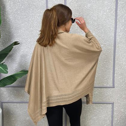 Imagem de Poncho Feminino Tricot Mousse Liso Gola Alta Casaco Inverno