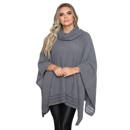 Imagem de Poncho Feminino Tricot Mousse Liso Gola Alta Casaco Lã Inverno