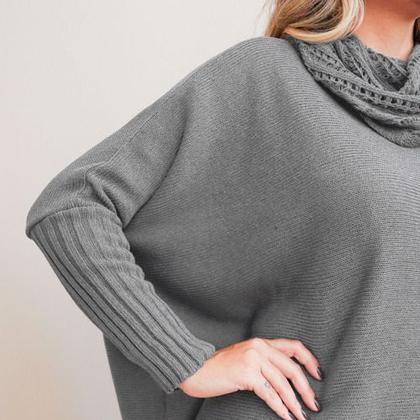 Imagem de Poncho Feminino Tricot Mousse Liso Gola Alta Casaco Lã Inverno