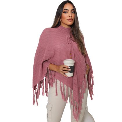Imagem de Poncho Tricot Franja Gola Alta Blusa Feminino Túnica