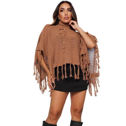 Imagem de Poncho Tricot Franja Gola Alta Blusa Feminino Túnica