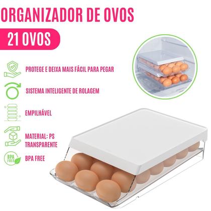 Imagem de Porta 21 Ovos Tampa Plástico Resistente Empilhável Organizador Geladeira Armazenamento Cozinha Clear Fresh