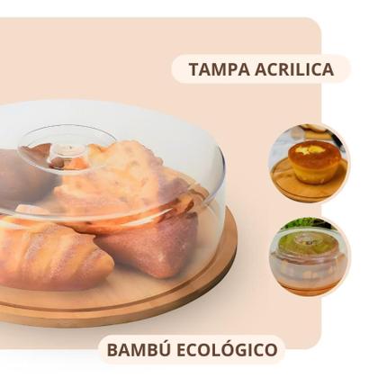 Imagem de Porta Bolo Boleira De Bambu Com Tampa Acrílica 28cm