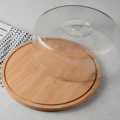 Imagem de Porta Bolo Boleira De Bambu Com Tampa Acrílica 28cm
