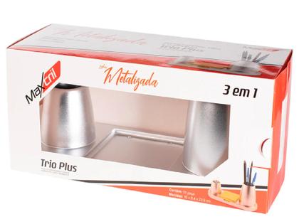Imagem de Porta Canetas Clips e Lembretes Prata Metalizado Trio Plus 3 em 1 - Maxcril