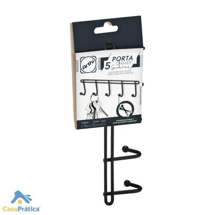 Imagem de Porta Chaves Versátil Parede Chaveiro Com 5 Ganchos Preto