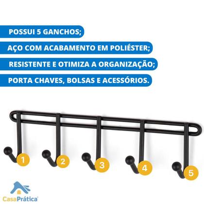 Imagem de Porta Chaves Versátil Parede Chaveiro Com 5 Ganchos Preto
