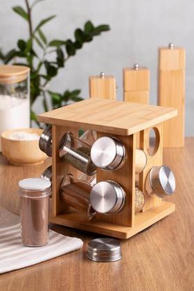Imagem de Porta Condimentos Temperos Giratório Bambu 8 Peças Cozinha