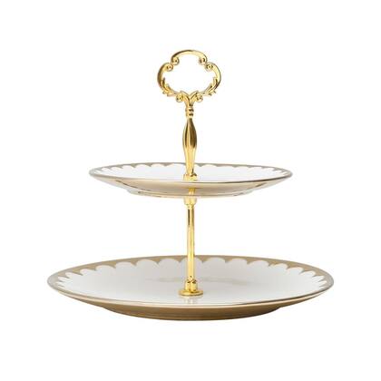 Imagem de Porta Doces de Porcelana 2 Andares Egg Branco e Dourado 19/27 x 24 cm Wolff