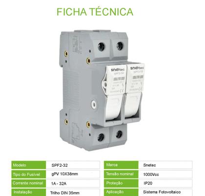 Imagem de Porta Fusível Bipolar Proteção Solar 1-32A 1000V DC - Snetec