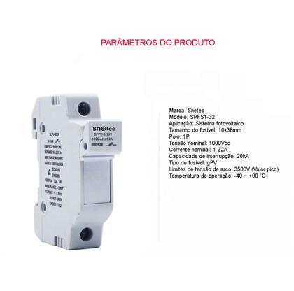 Imagem de Porta Fusível Snetec 1000V DC C/ Fusível Solar Kit 2 Peças
