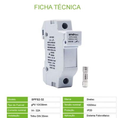 Imagem de Porta Fusível Unipolar Proteção Solar 1-32A 1000V DC Snetec